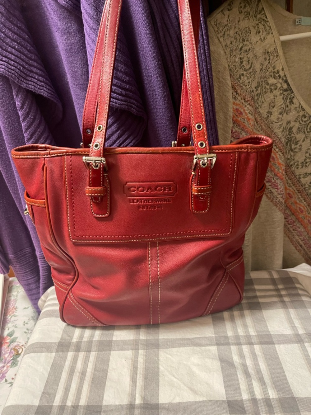 Vintage COACH Red Leather Shoulder Tote with Dual Straps